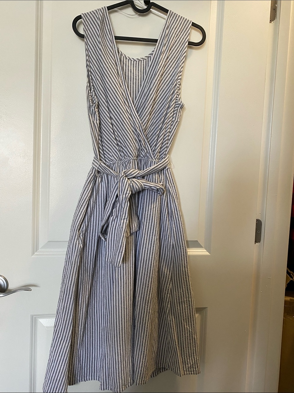 COURT & ROWE Blue and White Striped Wrap Midi Dress